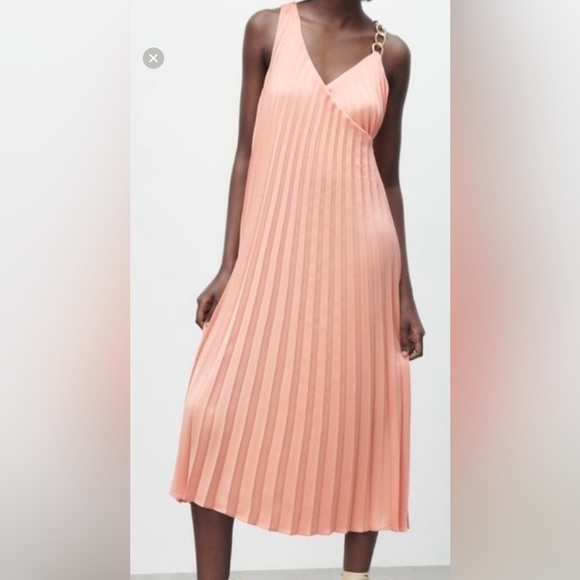 Zara Dresses & Skirts - Zara Peach Pleated Midi Dress with Chain Strap